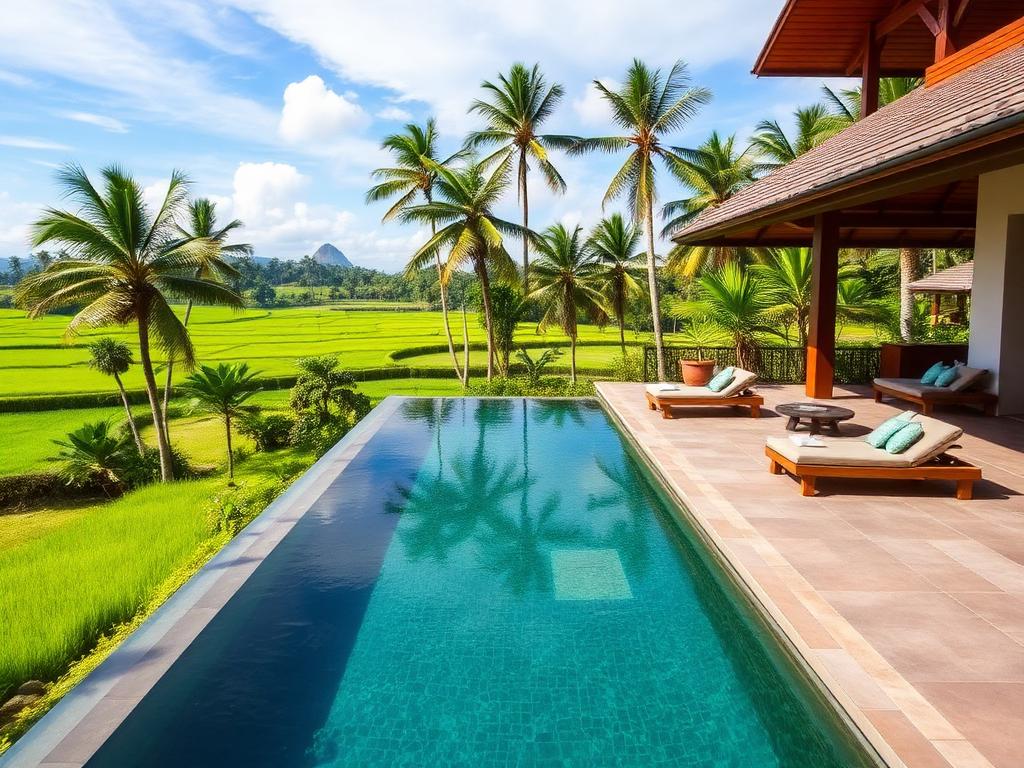 Villa Batu Belig Bali dengan Kolam Infinity di Tepi Sawah